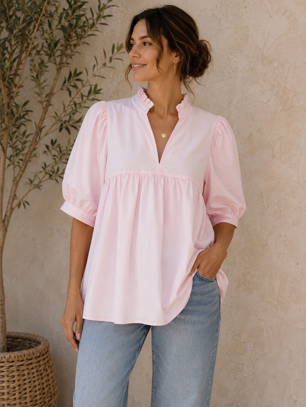 Cicy Bell NWT Light Pink Cotton Puff Sleeve Babydoll Blouse Size L